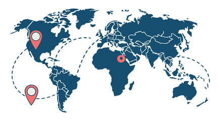 World map with travel routes and location markers global