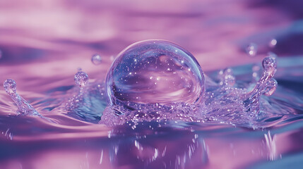 Vibrant Water Splash with Glowing Transparent Sphere Reflecting Neon Purple and Pink Light