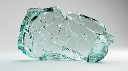 Abstract Shattered Transparent Glass Structure with Cracks and Jagged Edges on a Clean White Surface