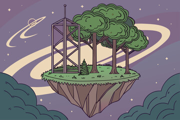 Illustration of a floating island with trees a tower and a planet in a dreamy cosmic background scene