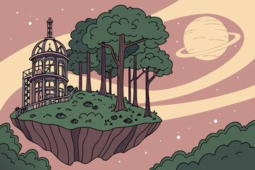 Illustration of a building and trees on a floating island with a planet in a swirling sky scene