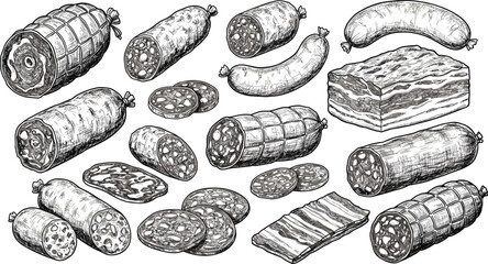 Artistic sausage and cured meat illustration, gourmet food sketch, textured charcuterie design, deli meat artwork, handcrafted culinary scene