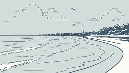 Illustration of a beach with waves, clouds, and a bird flying in the sky at the coast line view