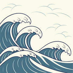 Illustration of stylized ocean waves with white crests and birds in the sky on a light background