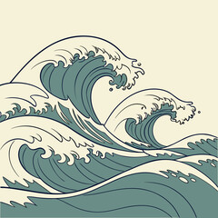 Illustration of multiple ocean waves curling and crashing with a light beige background color shade