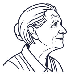 Line art portrait of an older woman with short hair in profile facing right with visible wrinkles