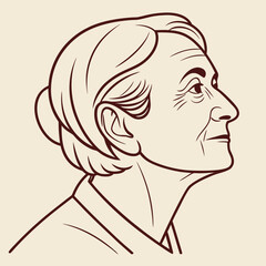 Line drawing of an older woman in profile with short hair and wrinkles around her eyes and neck