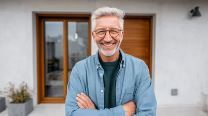 Man smiling in front of his house, concept of work, retirement, and quality of life © Demencial Studies
