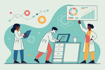 Three scientists in lab coats working with data charts and equipment in a laboratory setting shown here