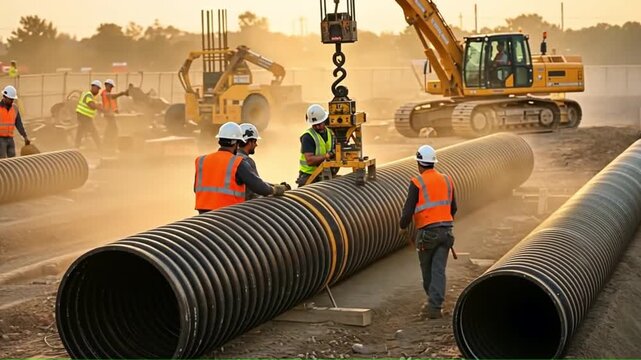 Construction workers install large corrugated pipes with an excavator and crane