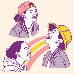 Three portraits of laughing women with different hats and hairstyles on a light background design