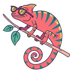 A cartoon chameleon with pink skin and green stripes wearing yellow sunglasses on a branch with leaves