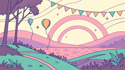 Illustration of a landscape with a rainbow, balloons, and a festive banner in pastel colors