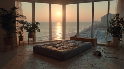 Sunrise view from a modern, corner-room, serene apartment with a futon
