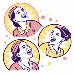 Three cartoon women laughing joyfully in retro style with yellow burst circles and pink and yellow dots