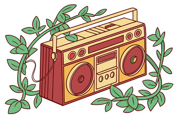 Vintage boombox surrounded by leafy green vines in a whimsical and retro inspired illustration