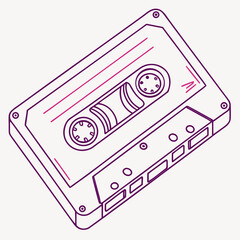 Isometric line art illustration of a cassette tape with purple and pink details on a white background