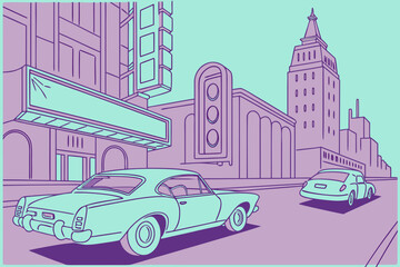 Retro city scene featuring classic cars and vintage architecture in a stylized illustration style