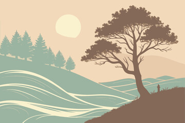 Scenic landscape featuring a large tree on a hill with a forest and sun in the background view