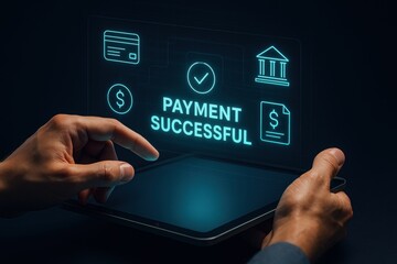 Digital Transaction: The image shows a modern person engaging in a digital payment, using the technology and indicating a successful transaction, with the screen glowing.