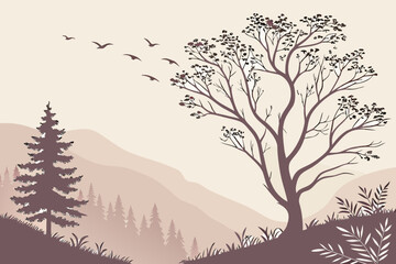 Silhouette landscape with trees mountains and birds in a serene and peaceful color palette