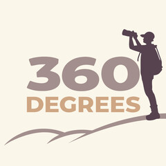 Silhouette of a person with a camera next to the words three hundred sixty degrees on a hill landscape