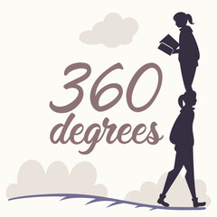 Silhouette of two girls stacked with 360 degrees text and clouds on a light background visual image