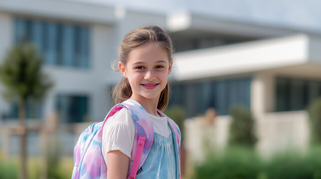 Smiling schoolgirl standing with backpack in front of school on her first day