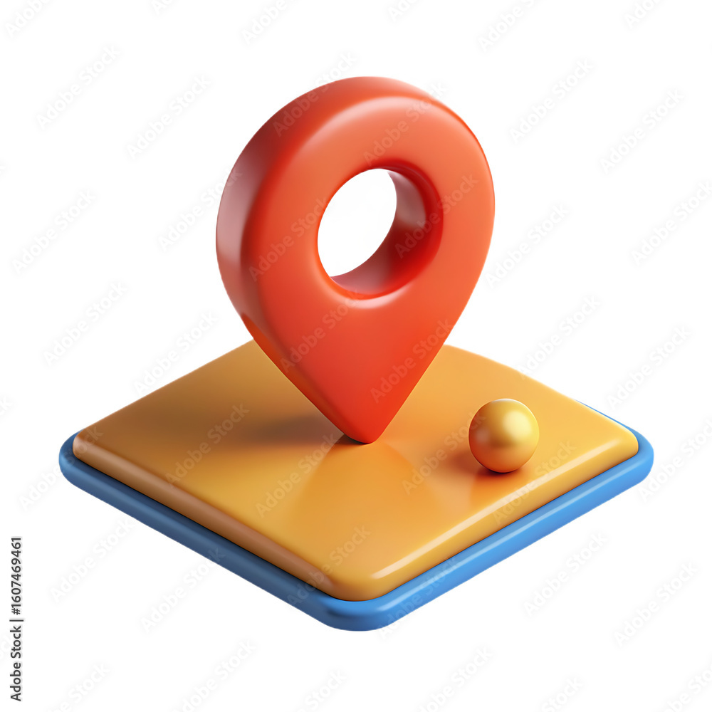 Poster a 3d render of a red location pin on a stylized map icon, symbolizing navigation, destination, and g