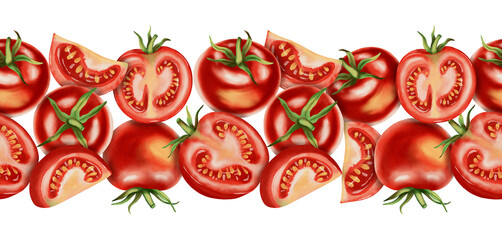 Seamless border with watercolor painted tomatoes isolated on white background. Watercolor hand drawn. Set of tomatoes. Vegetables. Watercolor drawing.