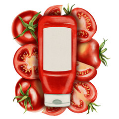 Watercolor drawing of tomato ketchup. Sauce. Tomato. Bottle or plate of ketchup. Watercolor drawing. Menu.	