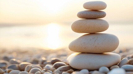 Balanced stones on a beach at sunset a peaceful and serene zen-like composition