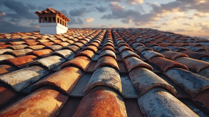 Terra-cotta roof tiles at sunset