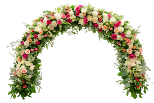 Lush floral archway with pink white peach blossoms isolated on a transparent background