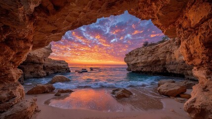 Sunrise through a coastal cave, dramatic sky over tranquil beach