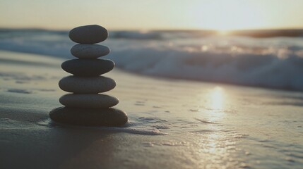 Stacked stones on a beach at sunset representing balance and nature's beauty