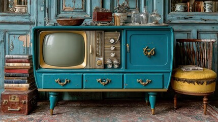Teal vintage television cabinet, books, antique objects