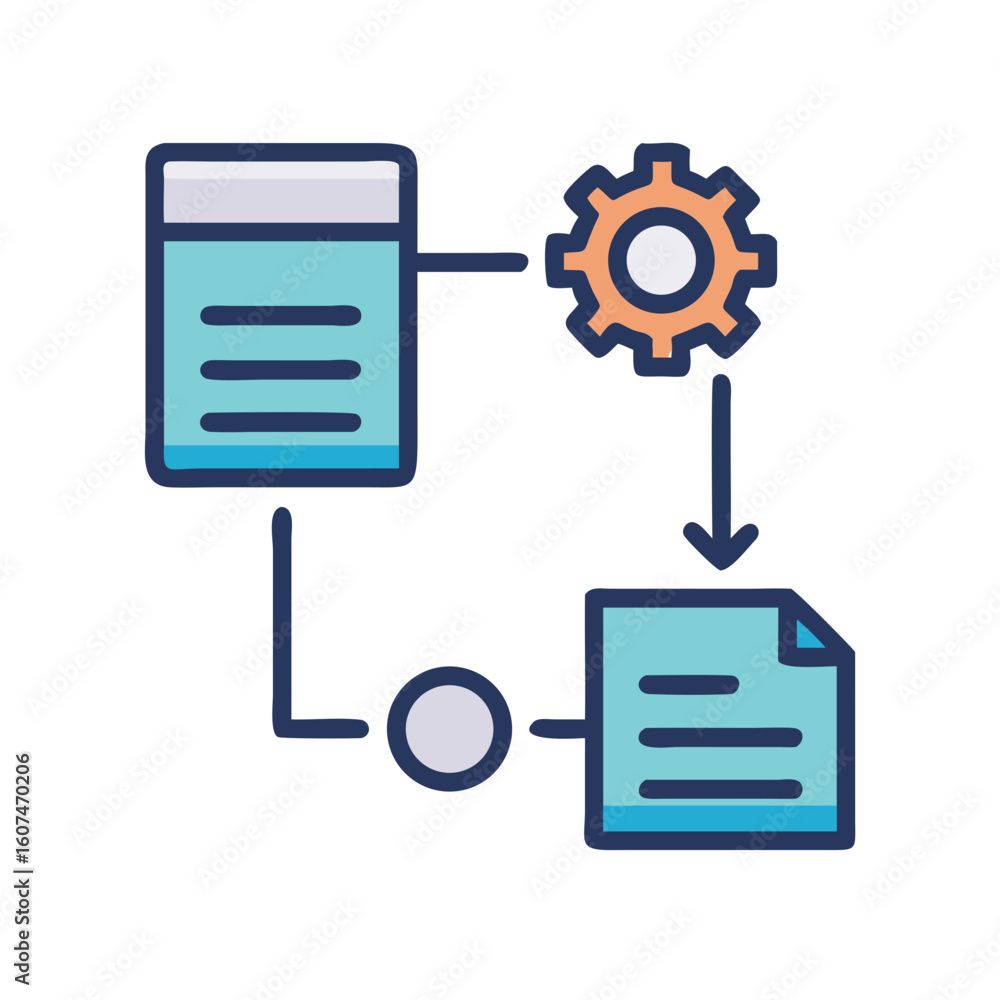 Poster data processing workflow illustration with server, gear and document