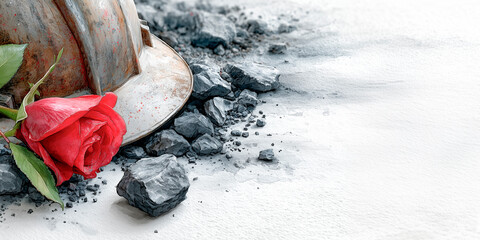 A rustic mining helmet lies on dark coal, accompanied by a vibrant red rose, symbolizing the blend of labor and beauty in the mining industry.