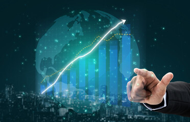 A businessman points at a growing graph over a digital globe background, illustrating themes of financial success, economic growth, and strategic investment trends. Impute
