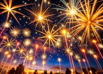 Spectacular golden fireworks exploding in the night sky over silhouetted crowd