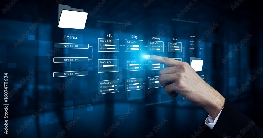 Poster project management system showing workflow stages, task progress, and review status. task progress t