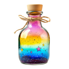 Glass bottles containing vibrant alchemical potions, rainbow hues, corked tops, on transparent png background. Ai generated