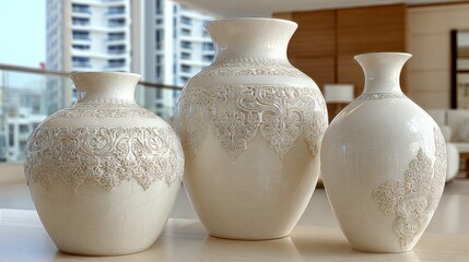 Three elegant cream-colored vases with intricate embossed floral designs