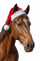 Obraz premium A charming horse wearing a Santa hat stands in an isolated setting, combining festive holiday spirit with rustic animal beauty, perfect for Christmas themes, seasonal cards, and wintertime visual