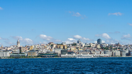 View of city of Istanbul, Galata Tower from opposite shore of Bosphorus Strait, Sea of Marmara,...