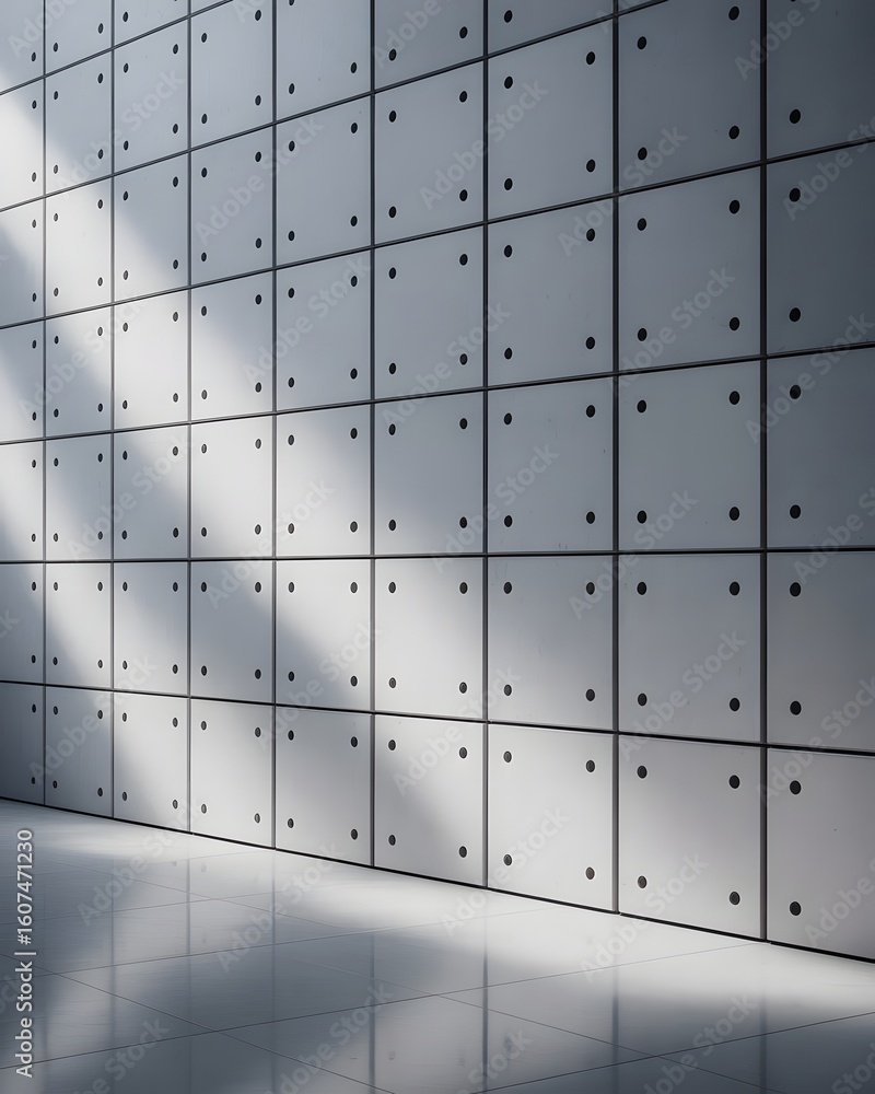 Aufkleber modern architectural wall with square panels and circular accents bathed in soft sunlight creating d