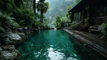 Tranquil pool nestled in a lush mountainside garden