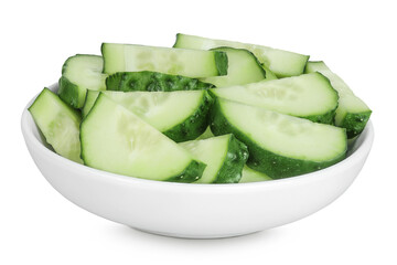 Sliced cucumber in ceramic bowl isolated on white background with full depth of field