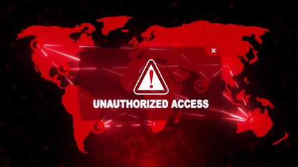 Unauthorized Access Alert Warning Message Attack on Screen. Wire Frame World map Radar Network Glitch Distortion. Login, Password and Progress Bar Futuristic UI Elements HUD. Computer Hacking Concept.